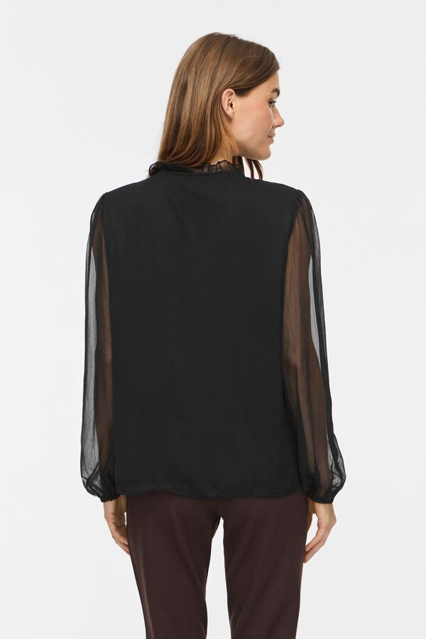 Vila Blusa semitransparente com gola franzida Preto