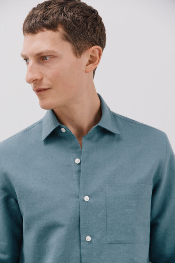 Cortefiel Plain linen/cotton shirt Blue