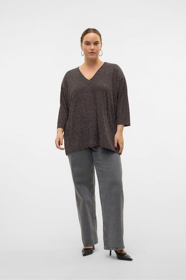 Vero Moda Curve Camisola de lurex com gola em V tamanho grande Castanho