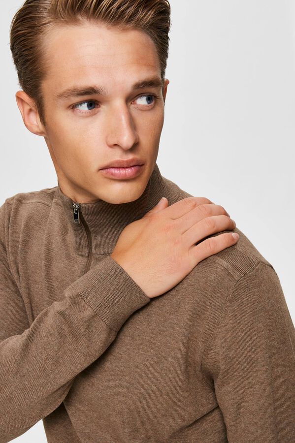 Selected Camisola de malha com meio fecho-&eacute;clair 100% algod&atilde;o Castanho