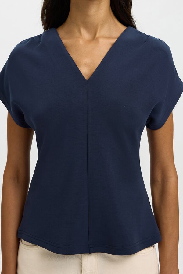 Selected V-neck three-quarter sleeve T-shirt Navy