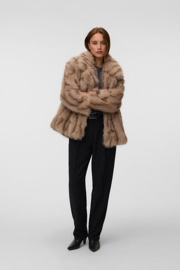 Vero Moda Faux fur belted jacket Brown