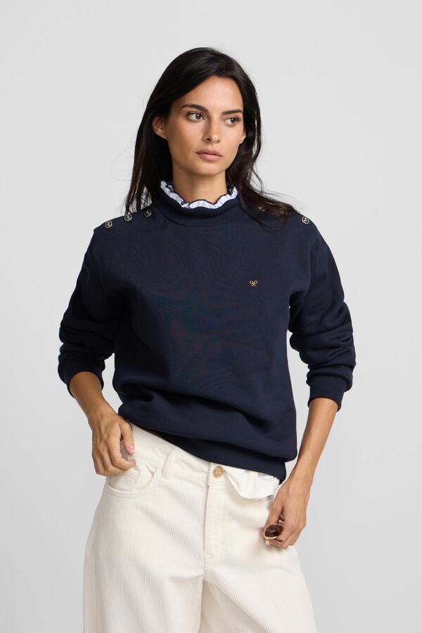 Silbon Sweatshirt woman ruffle neck buttons Navy