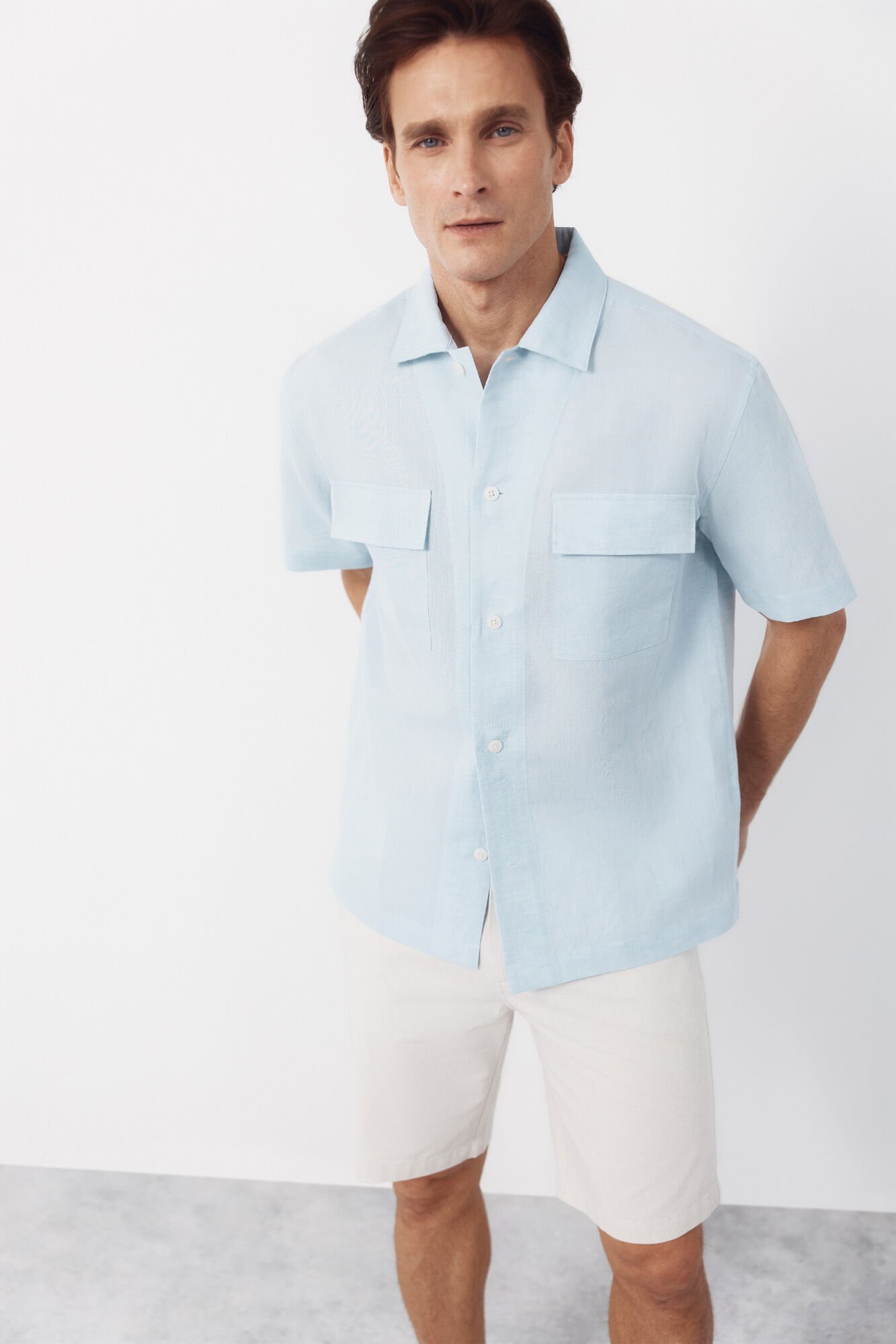 Cortefiel Plain linen cotton bowling collar shirt