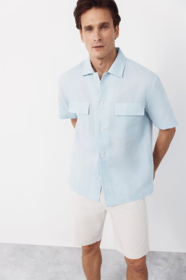 Cortefiel Plain linen cotton bowling collar shirt Blue