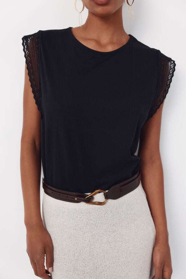 Cortefiel Guipure sleeve -shirt Black