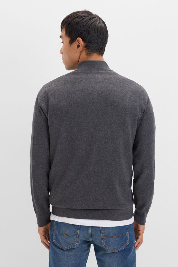 Cortefiel Cotton/silk cashmere high neck jumper with buttons Grey