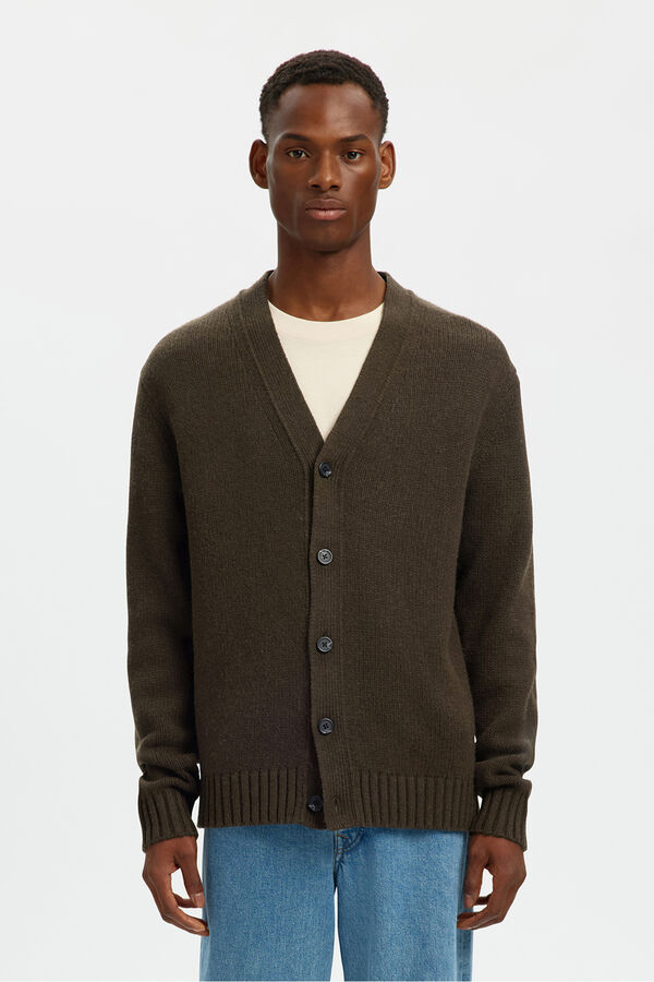 Selected Casaco de malha de l&atilde; com gola em V Castanho