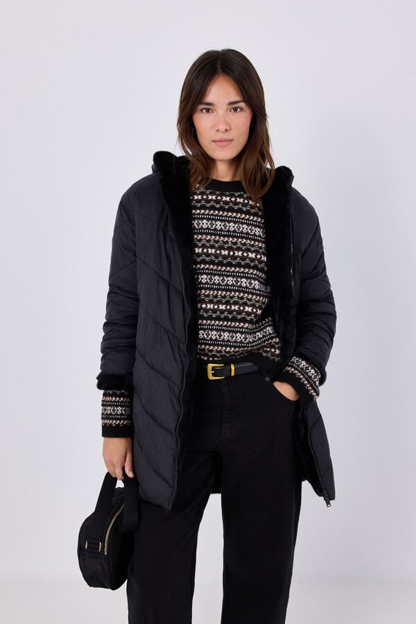 Cortefiel Anorak acolchado reversible efecto pelo Negro