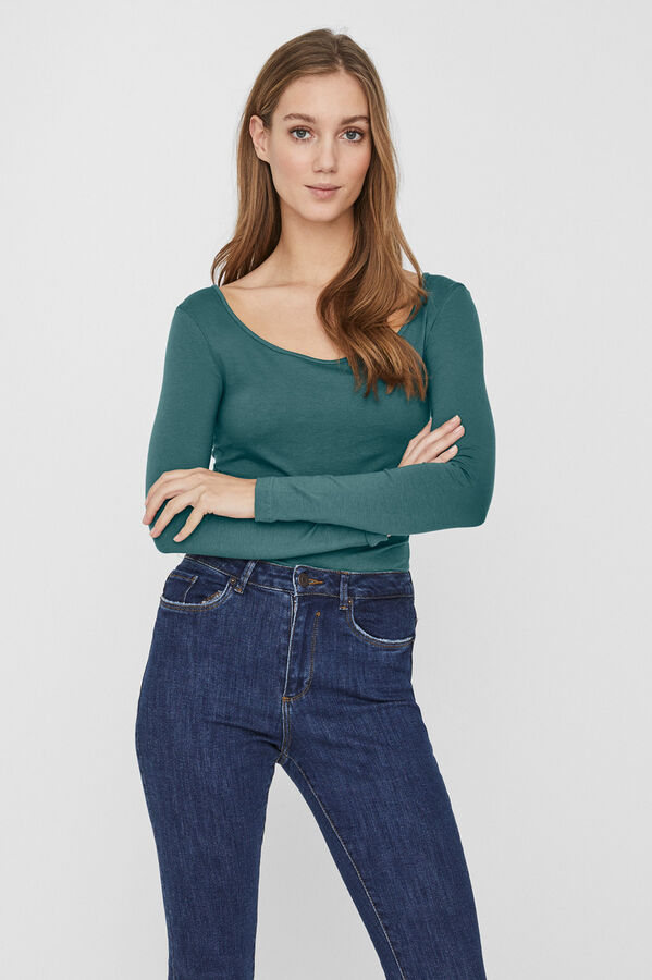 Cortefiel Tight fit long-sleeved round neck top Blue