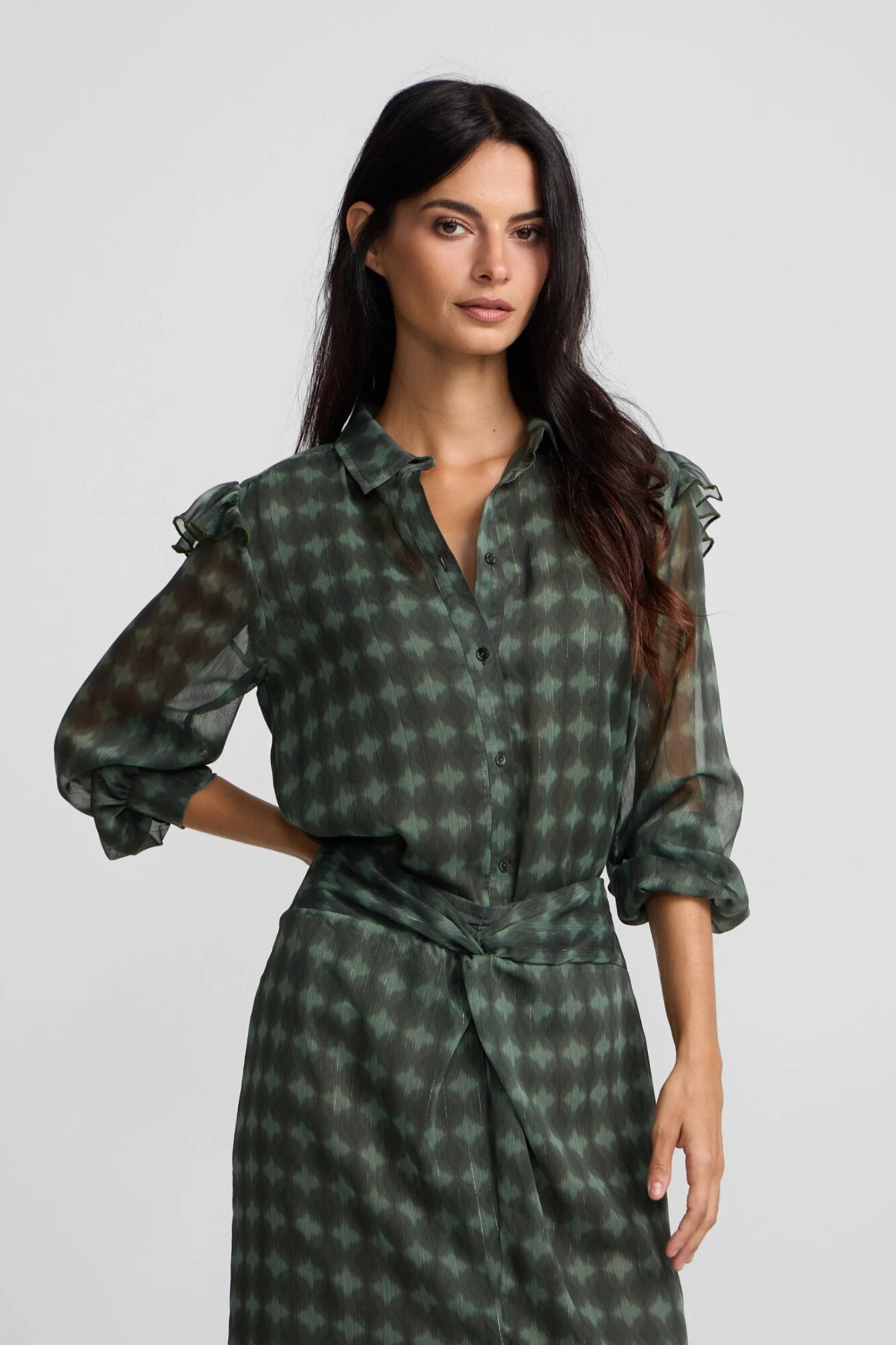 Silbon Blusa com folhos estampado &eacute;tnico