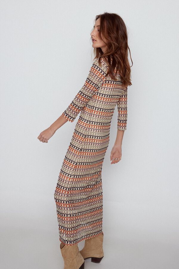 Cortefiel Jersey-knit crochet dress with long sleeves Multicolour