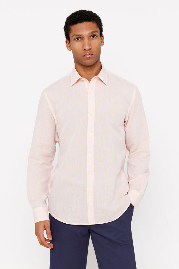 Cortefiel Plain linen/cotton shirt Orange