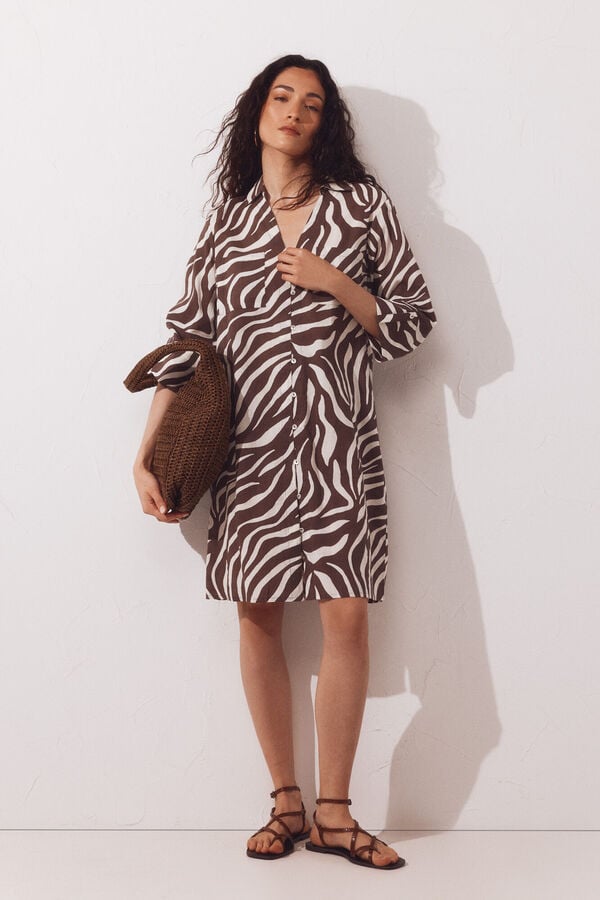 Cortefiel Printed cotton shirt kaftan Printed brown