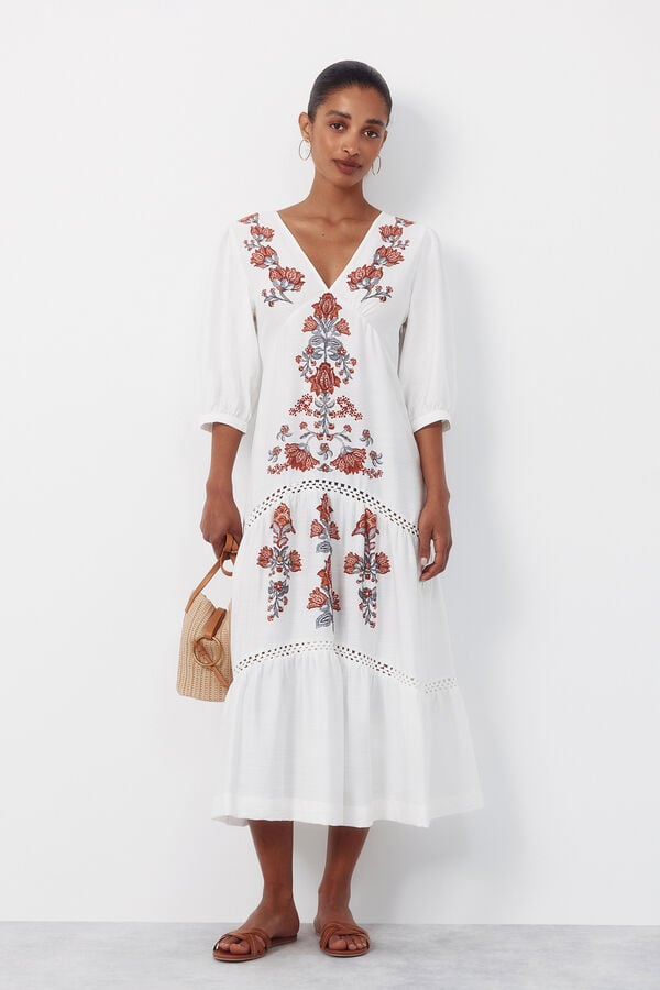 Cortefiel Long printed dress Printed white