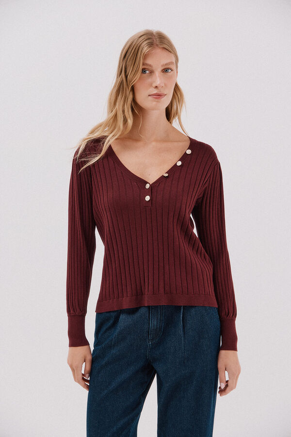 Cortefiel V-neck jumper with buttons Maroon