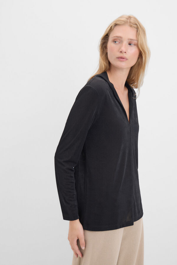 Cortefiel Long-sleeved crepe t-shirt Black