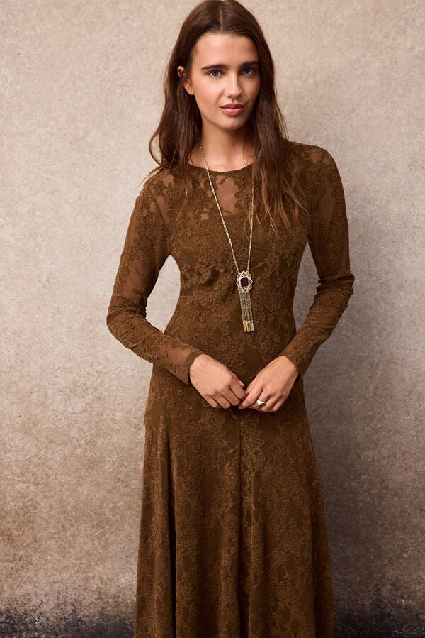 Slowlove Lace flared dress Camel