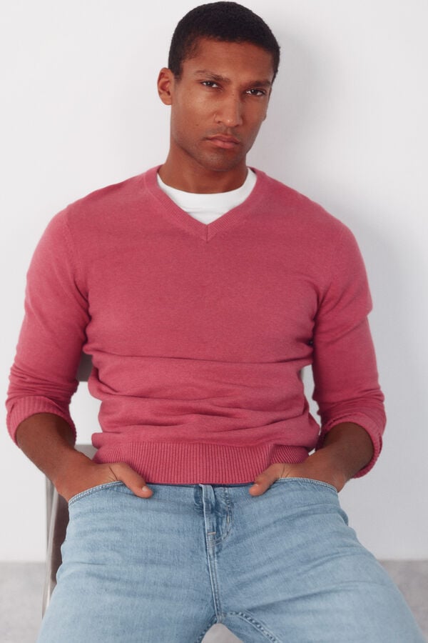 Cortefiel Basic cotton V neck knit jersey-knit Pink