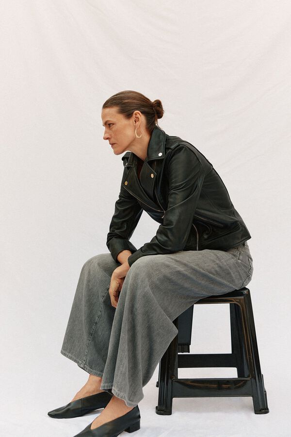 Cortefiel zip fastening leather jacket Black