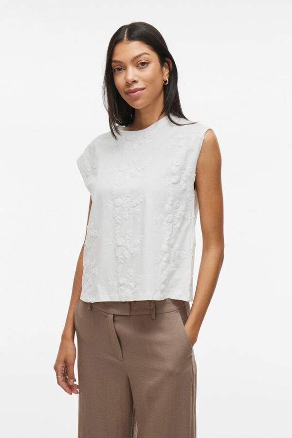 Vila Top sem mangas com bordados em algod&atilde;o Branco