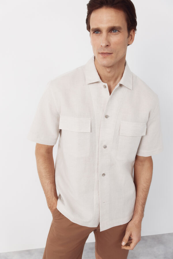 Cortefiel Plain linen cotton bowling collar shirt Beige