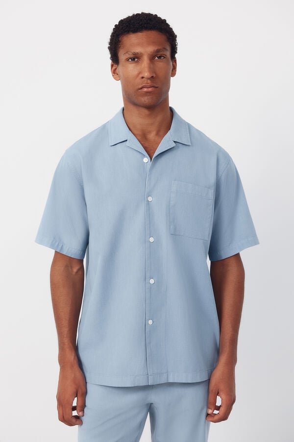 Cortefiel Plain short sleeve bowling collar shirt Blue