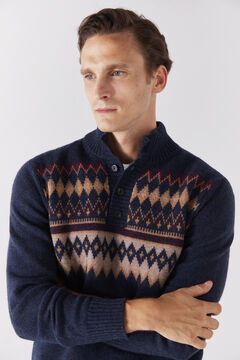 Cortefiel Jacquard trucker neck jumper with buttons Navy