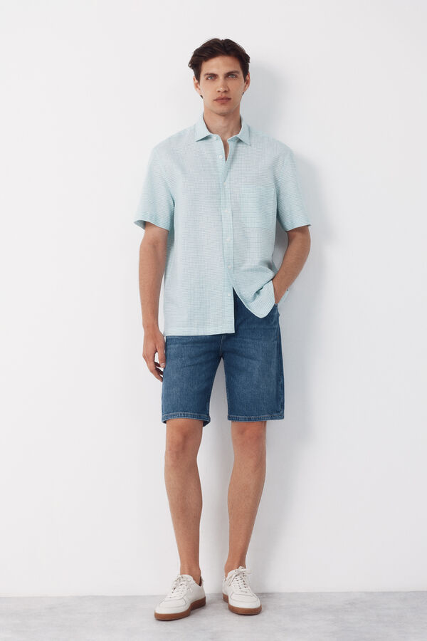 Cortefiel Checked cotton linen short sleeve shirt Green