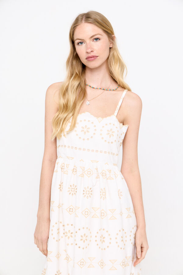 Cortefiel Embroidered cotton dress. White
