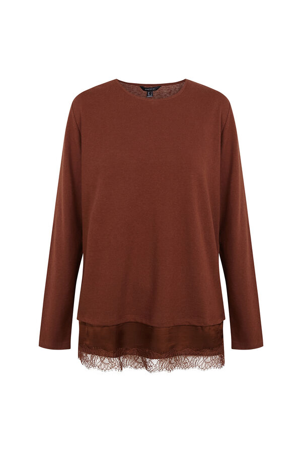 Cortefiel Plain hem T-shirt with lace detail Camel