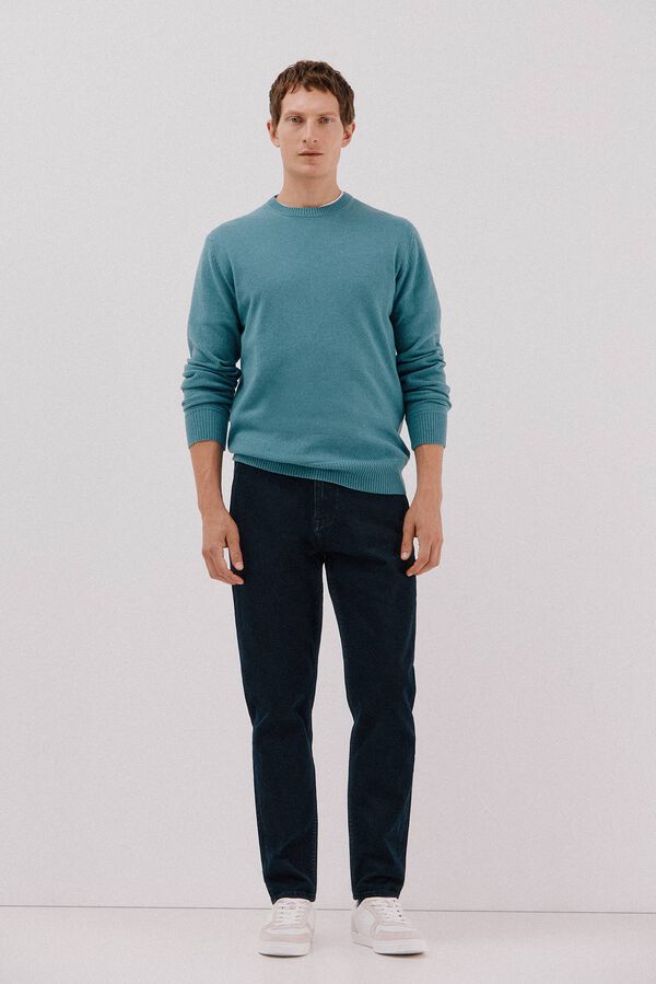 Cortefiel Lambswool jumper with round neck Blue