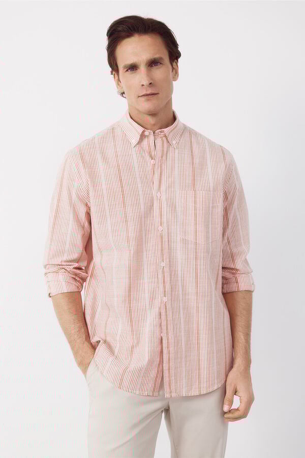 Cortefiel Striped cotton slub shirt Coral