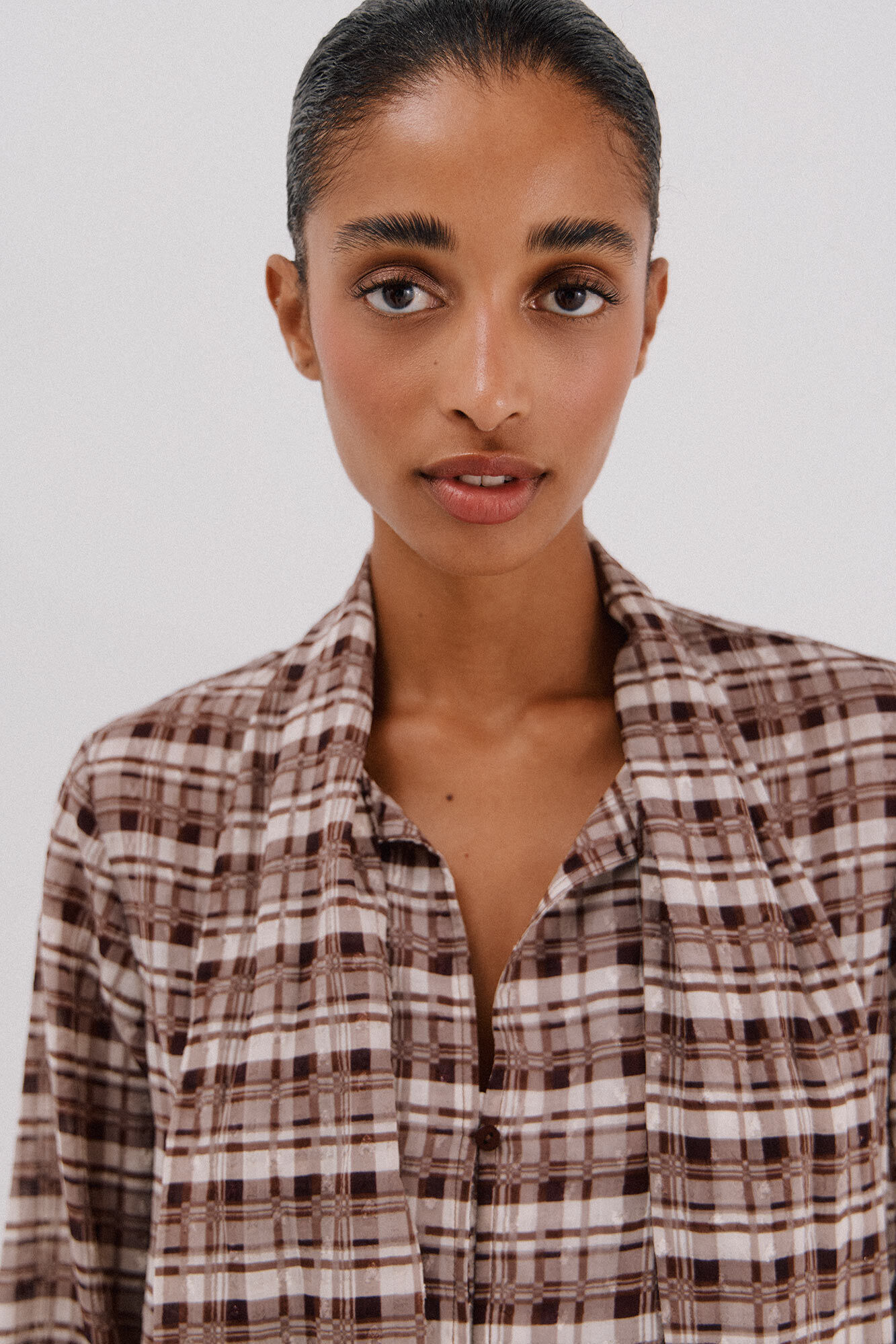 Cortefiel Checkered print bow or tie blouse