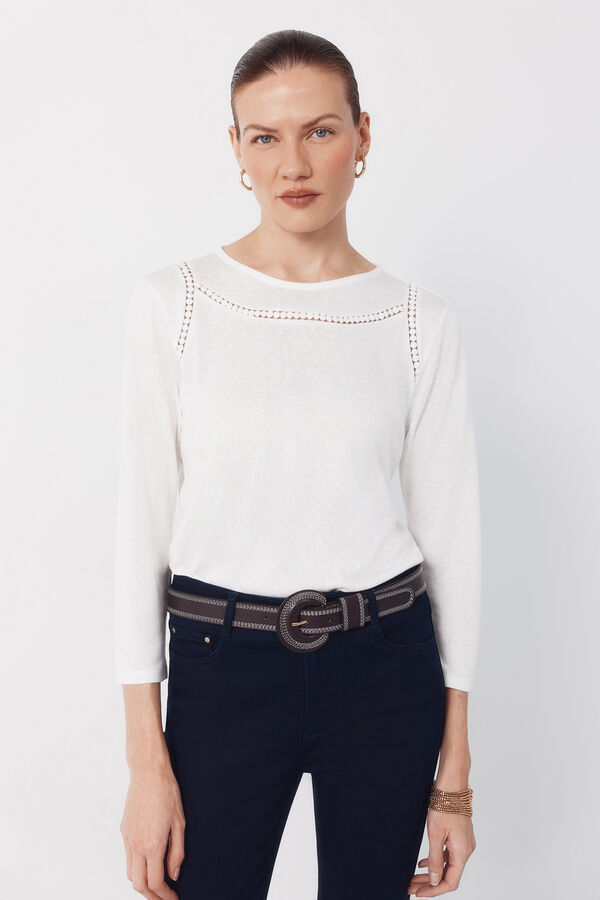 Cortefiel Hemstitch detail t-shirt Ivory