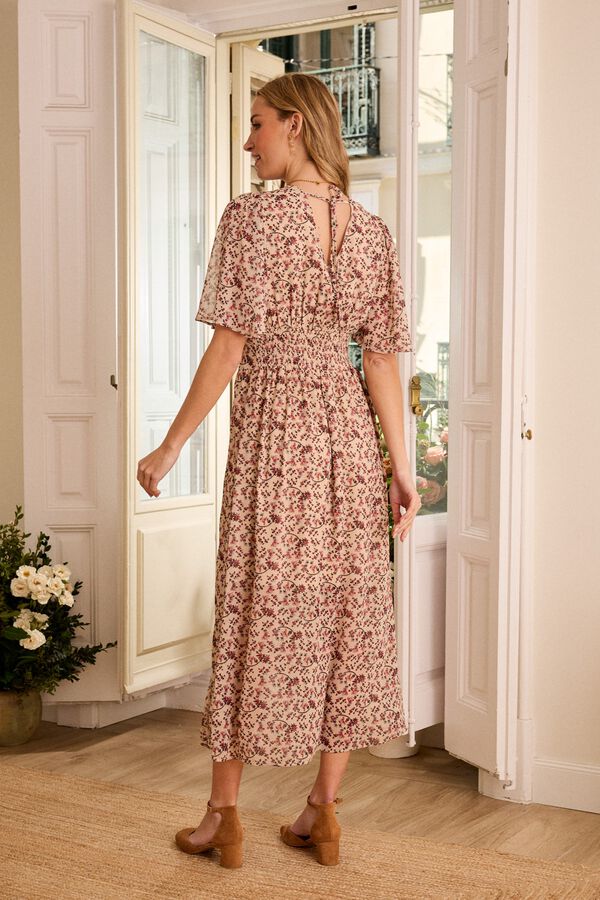 Pol&iacute;n Et Moi Vestido manga curta com folho floral Tostado