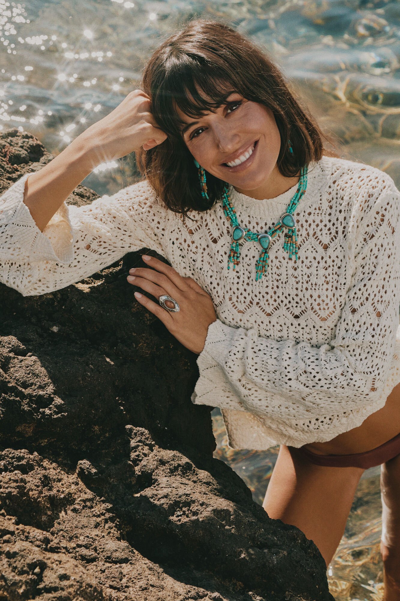 Slowlove Camisola de malha perfurada gola perkins