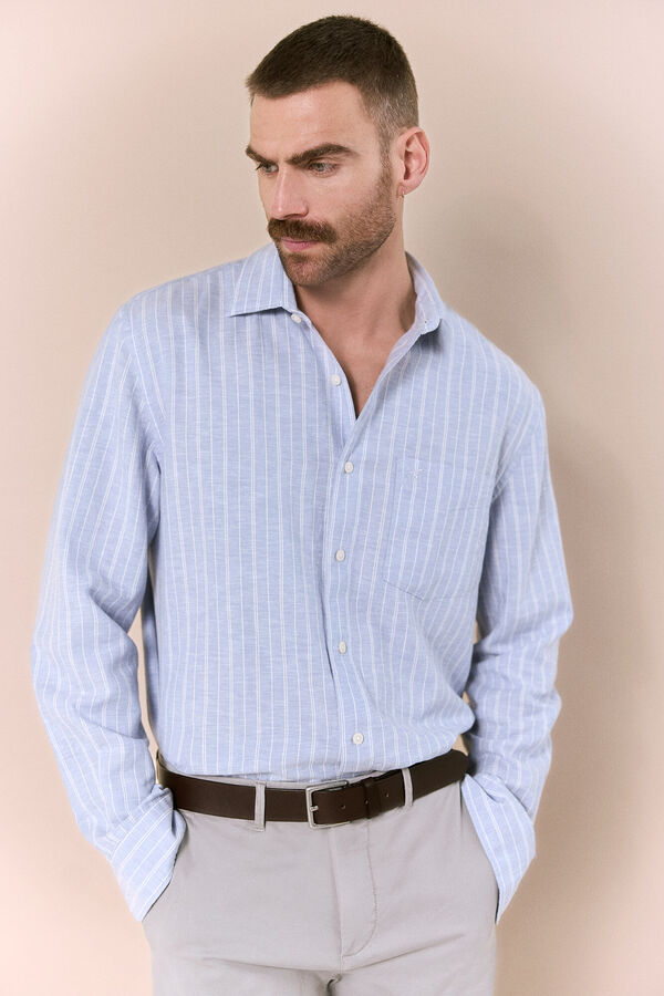 OOTO Camisa em algod&atilde;o e linho &agrave;s riscas Azul