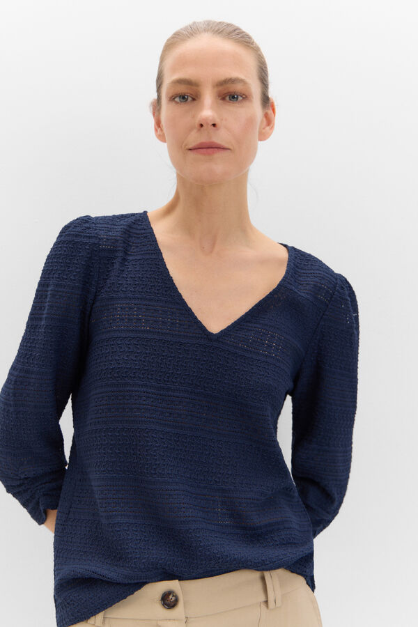 Cortefiel V-neck textured top Navy