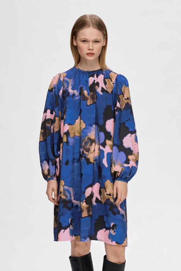 Cortefiel Short printed dress with long sleeve, made with Lenzing Ecovero Blue