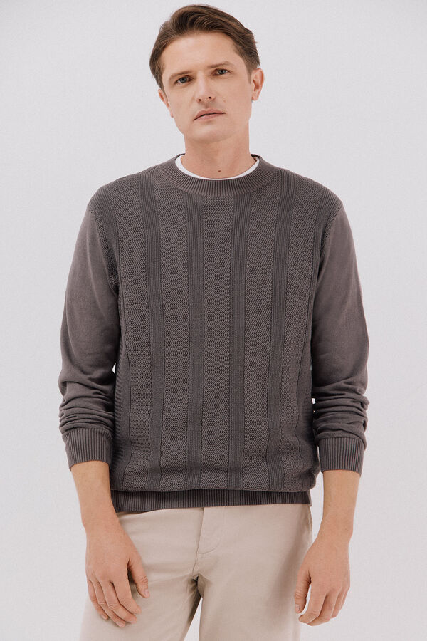 Cortefiel Fine braided cotton crew crew neck sweater Grey