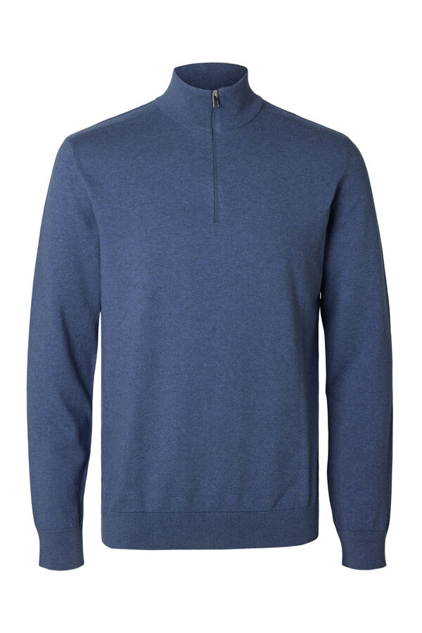 Selected Knitted pullover with half zip 100% cotton Navy