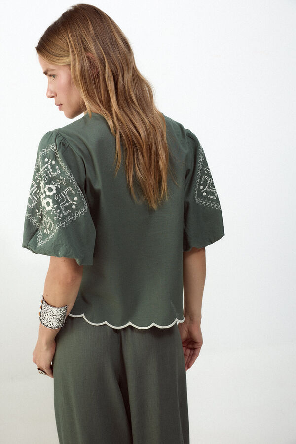 Slowlove Blusa bordado manga farol Verde