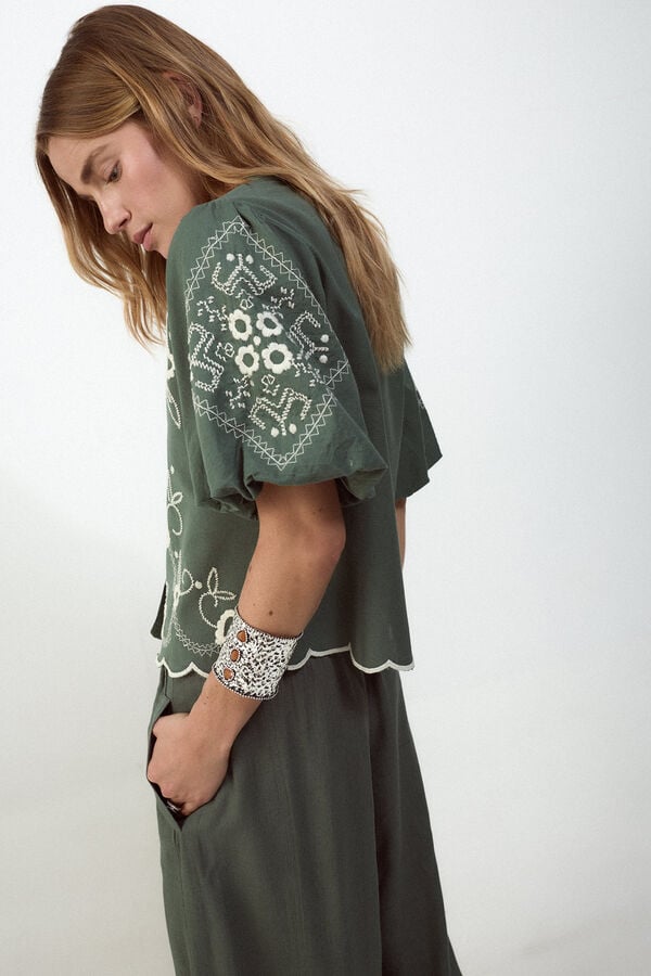 Slowlove Blusa bordado manga farol Verde