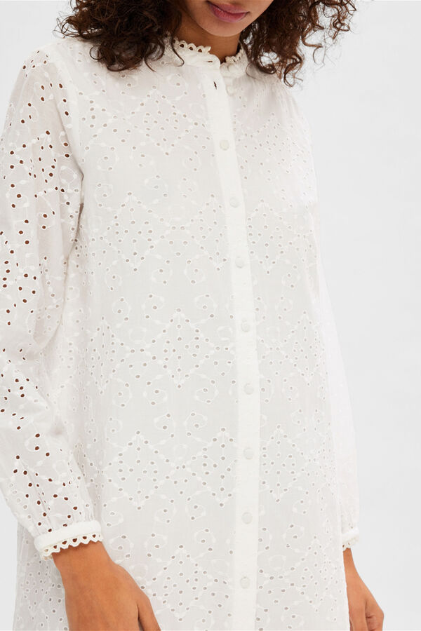 Cortefiel Vestido curto troquelado confecionado 100% com algodão orgânico. Branco