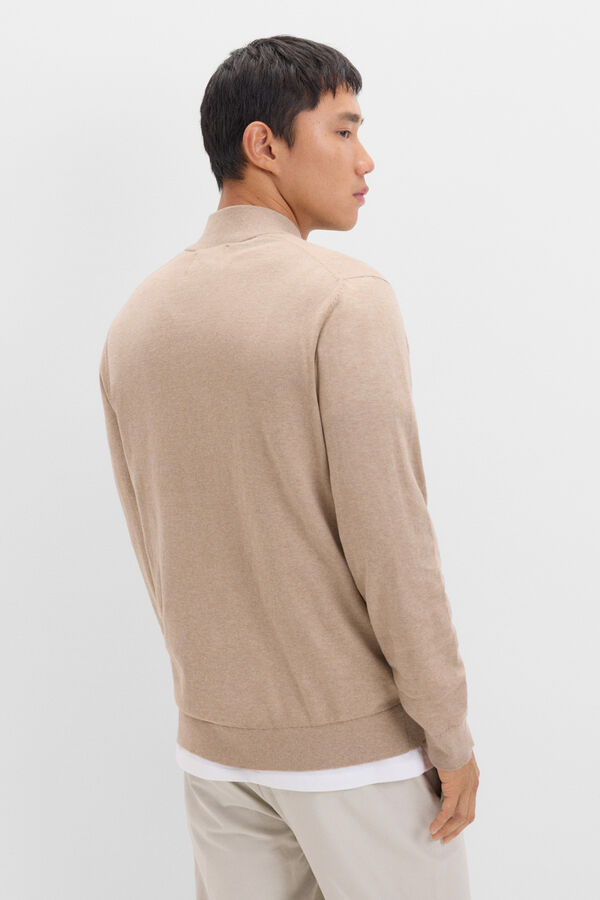 Cortefiel Cotton/silk cashmere high neck jumper with buttons Beige