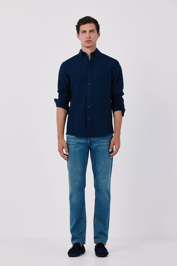 Cortefiel Camisa lino lisa Azul marino
