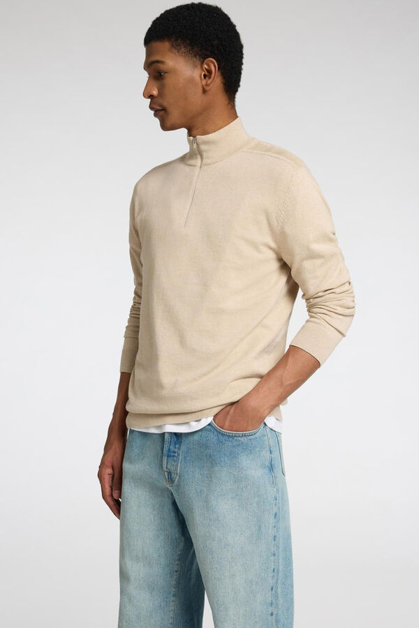Selected Knitted pullover with half zip 100% cotton Beige