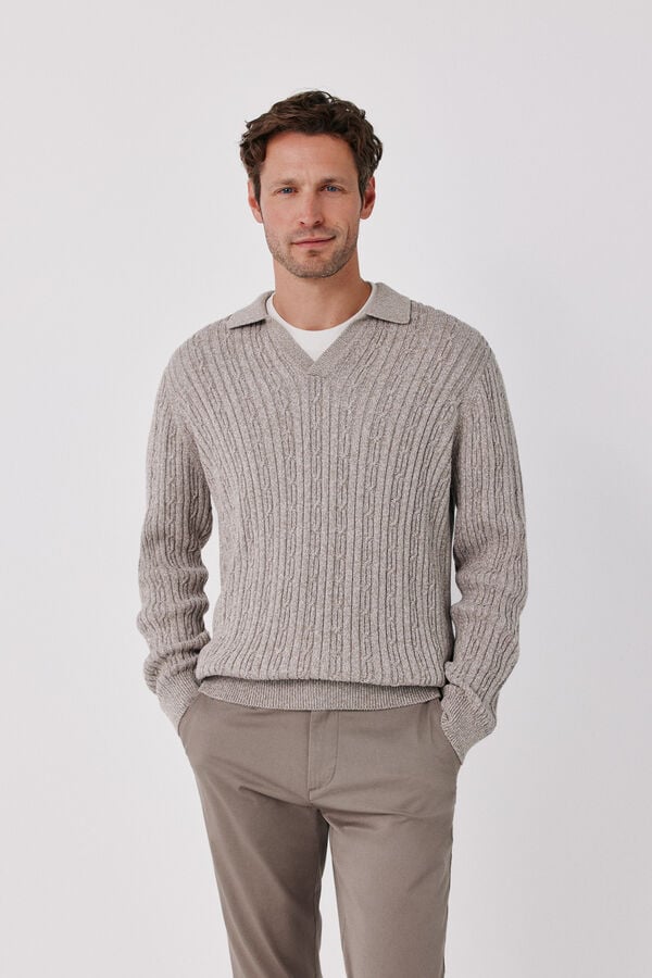 Cortefiel Twisted cotton cable knit jumper Beige