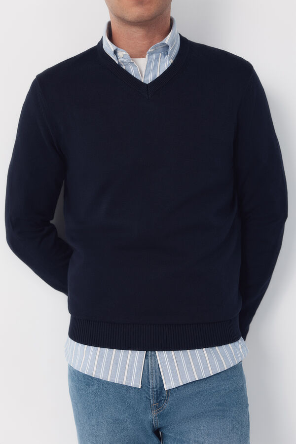 Cortefiel Basic cotton V neck knit jersey-knit Navy